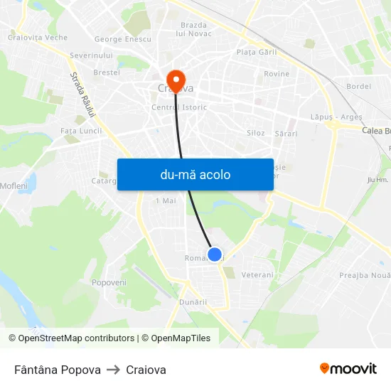 Harta de Fântâna Popova către Craiova