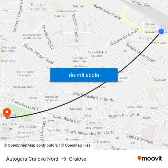 Harta de Autogara Craiova Nord către Craiova