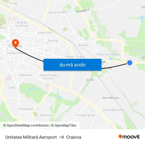 Harta de Unitatea Militară Aeroport către Craiova