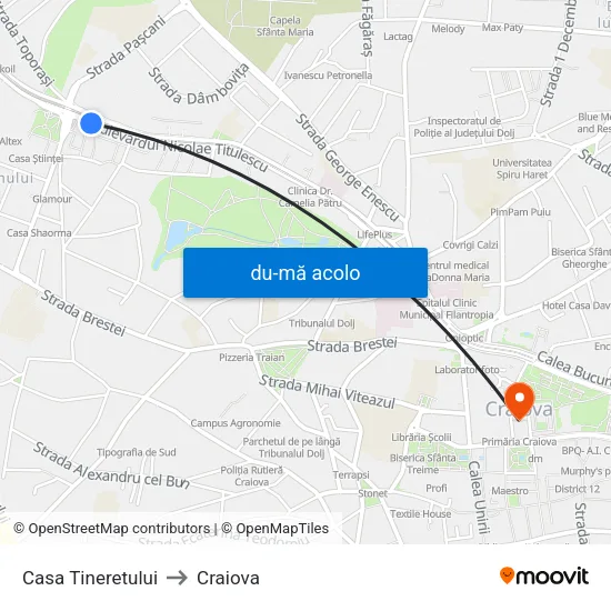 Harta de Casa Tineretului către Craiova