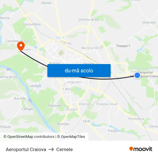Harta de Aeroportul Craiova către Cernele