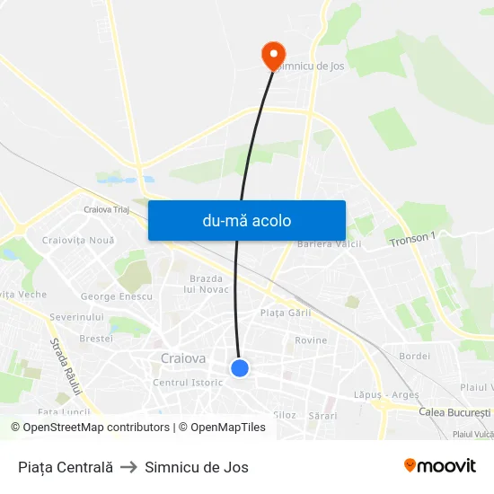 Harta de Piața Centrală către Simnicu de Jos