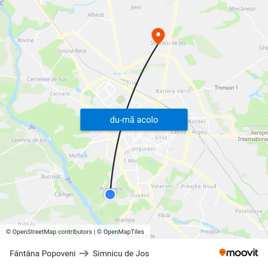 Harta de Fântâna Popoveni către Simnicu de Jos