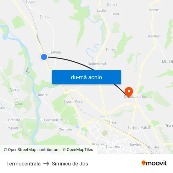 Harta de Termocentrală către Simnicu de Jos