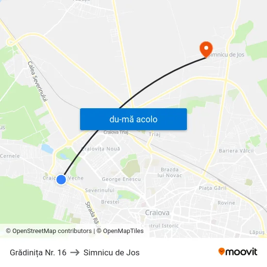 Harta de Grădinița Nr. 16 către Simnicu de Jos