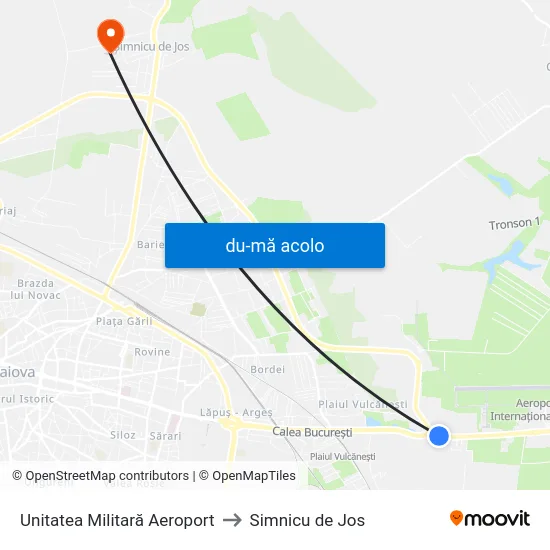 Harta de Unitatea Militară Aeroport către Simnicu de Jos