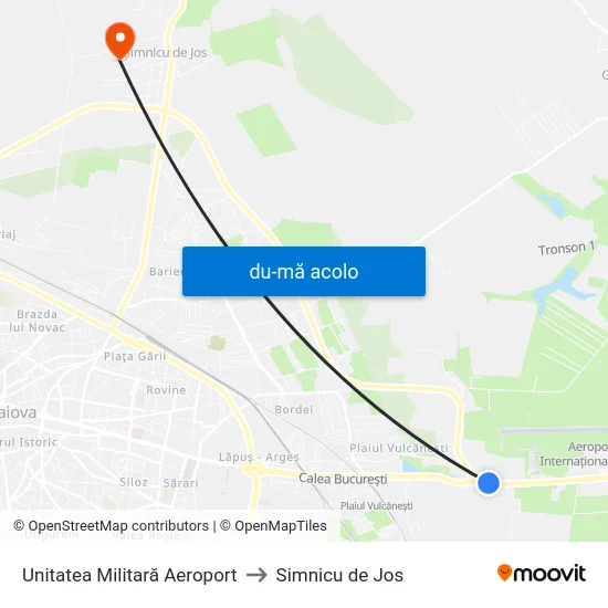 Harta de Unitatea Militară Aeroport către Simnicu de Jos
