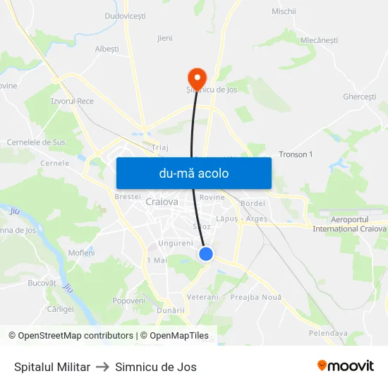 Harta de Spitalul Militar către Simnicu de Jos