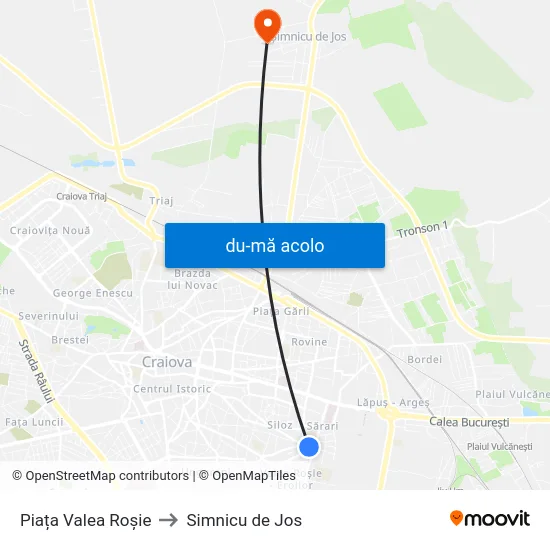 Harta de Piața Valea Roșie către Simnicu de Jos