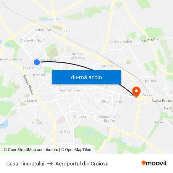 Harta de Casa Tineretului către Aeroportul din Craiova