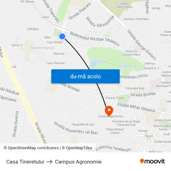 Harta de Casa Tineretului către Campus Agronomie