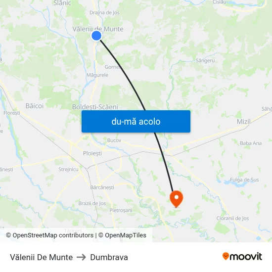 Harta de Vălenii De Munte către Dumbrava