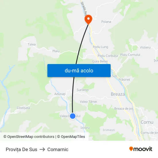 Harta de Provița De Sus către Comarnic