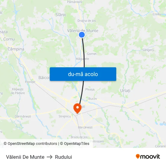 Harta de Vălenii De Munte către Rudului