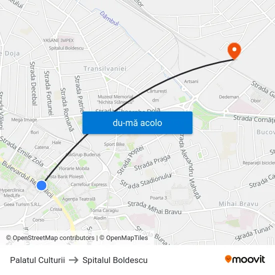 Harta de Palatul Culturii către Spitalul Boldescu