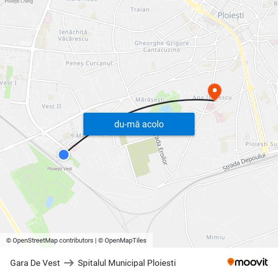 Harta de Gara De Vest către Spitalul Municipal Ploiesti