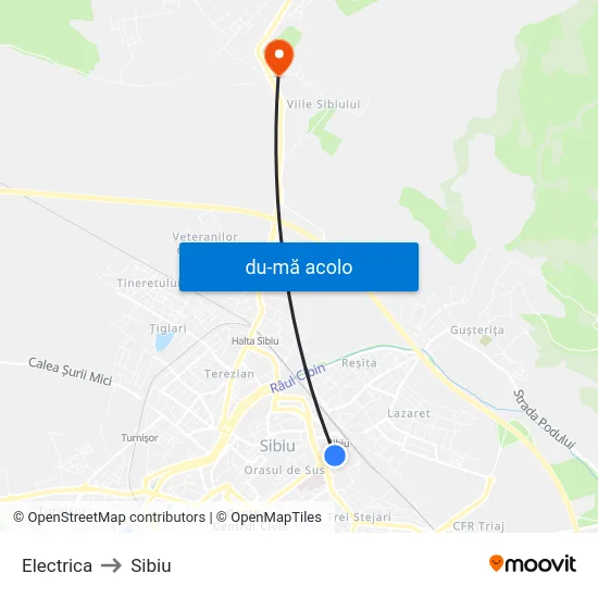 Harta de Electrica către Sibiu