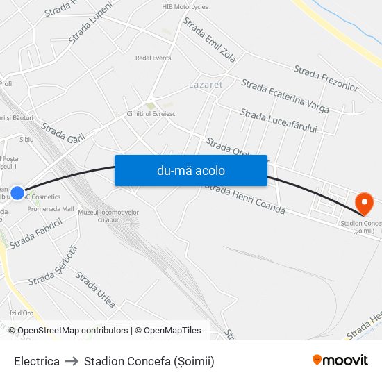 Harta de Electrica către Stadion Concefa (Șoimii)