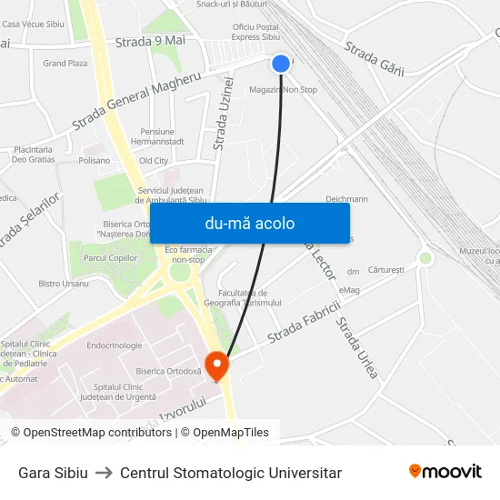 Harta de Gara Sibiu către Centrul Stomatologic Universitar