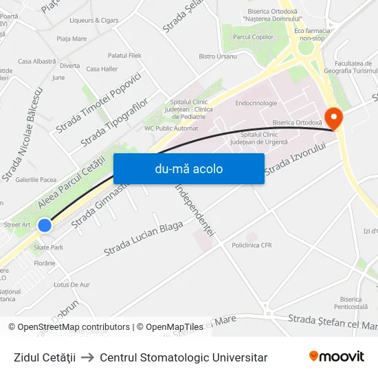 Harta de Zidul Cetăţii către Centrul Stomatologic Universitar
