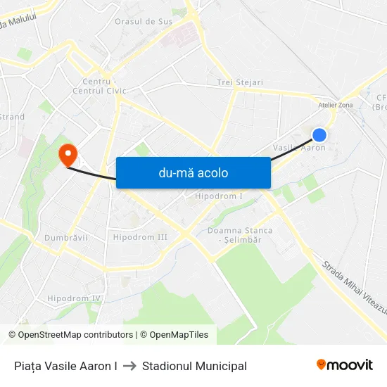 Harta de Piața Vasile Aaron I către Stadionul Municipal