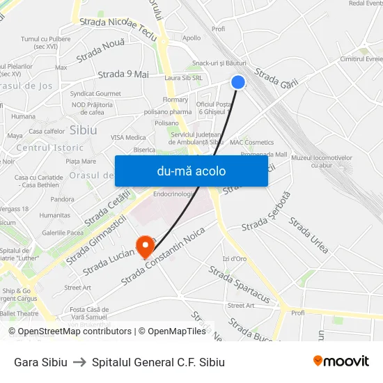 Harta de Gara Sibiu către Spitalul General C.F. Sibiu