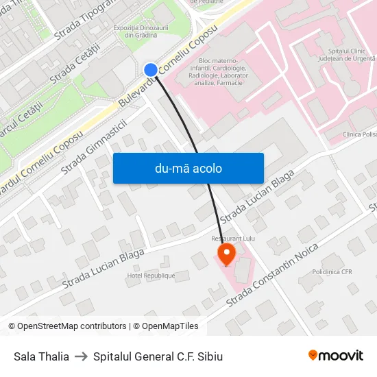 Harta de Sala Thalia către Spitalul General C.F. Sibiu