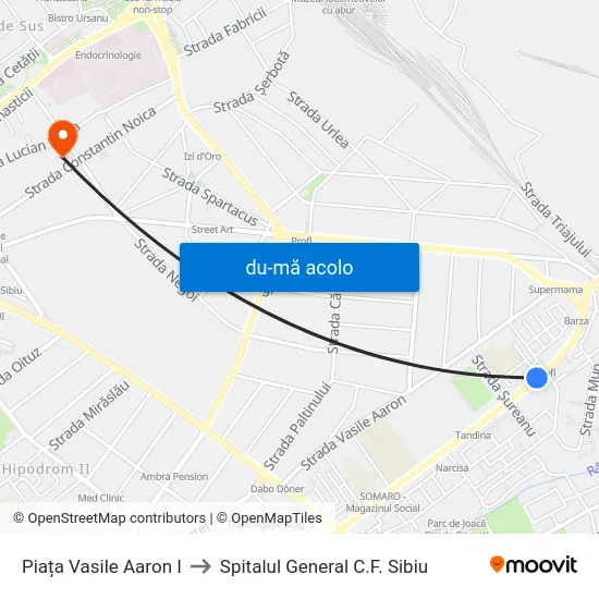 Harta de Piața Vasile Aaron I către Spitalul General C.F. Sibiu