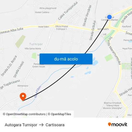 Harta de Autogara Turnișor către Cartisoara