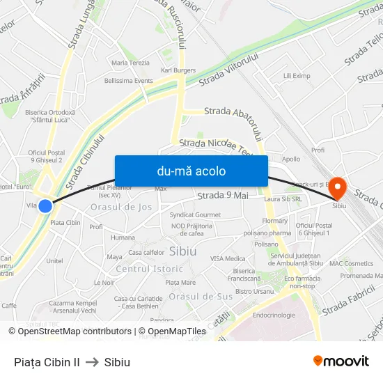 Harta de Piața Cibin II către Sibiu