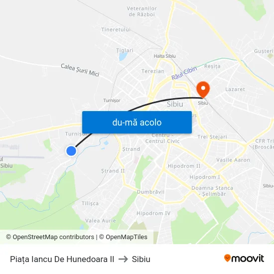 Harta de Piața Iancu De Hunedoara II către Sibiu