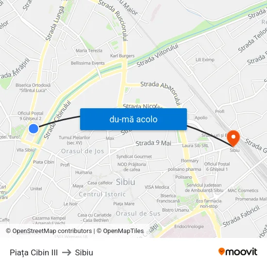 Harta de Piața Cibin III către Sibiu