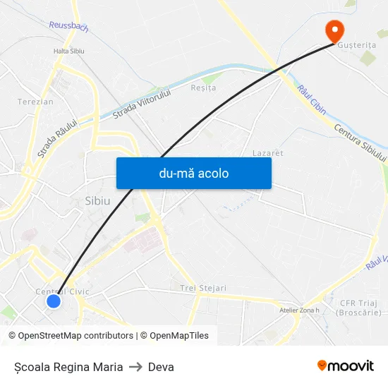 Harta de Școala Regina Maria către Deva