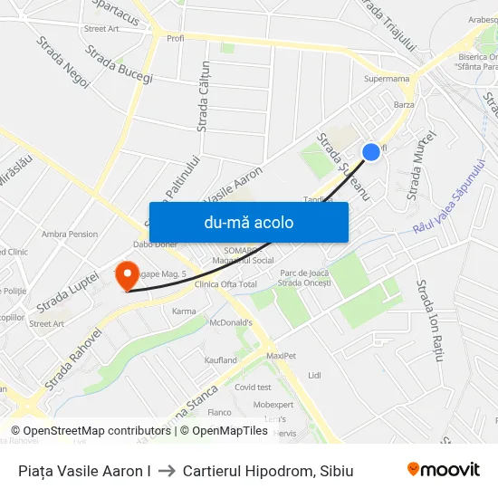 Harta de Piața Vasile Aaron I către Cartierul Hipodrom, Sibiu