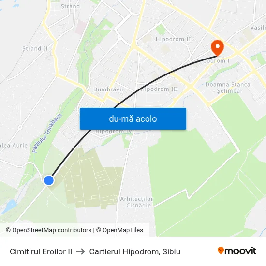 Harta de Cimitirul Eroilor II către Cartierul Hipodrom, Sibiu