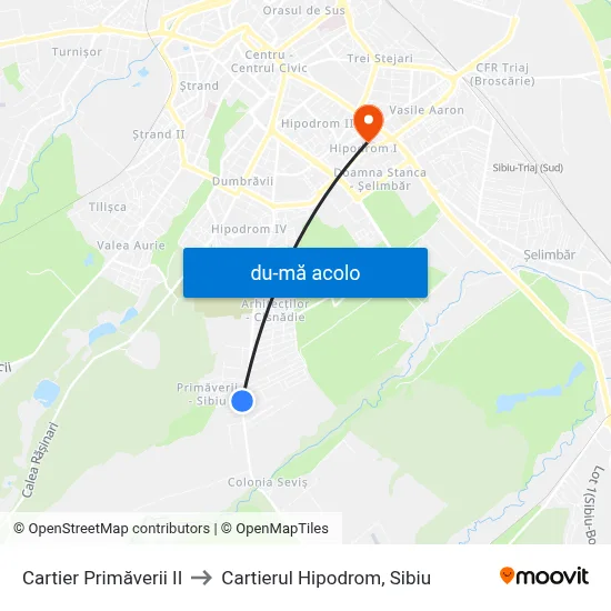Harta de Cartier Primăverii II către Cartierul Hipodrom, Sibiu
