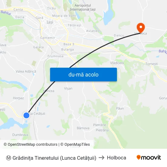 Harta de Ⓜ Grădinița Tineretului (Lunca Cetățuii) către Holboca