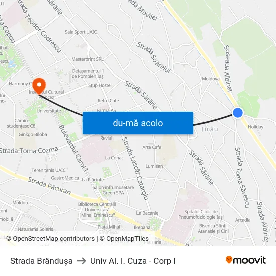 Harta de Strada Brândușa către Univ Al. I. Cuza - Corp I