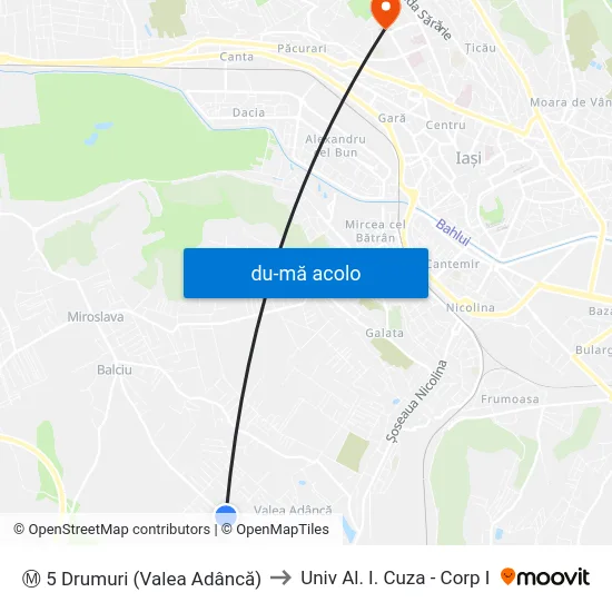 Harta de Ⓜ 5 Drumuri (Valea Adâncă) către Univ Al. I. Cuza - Corp I