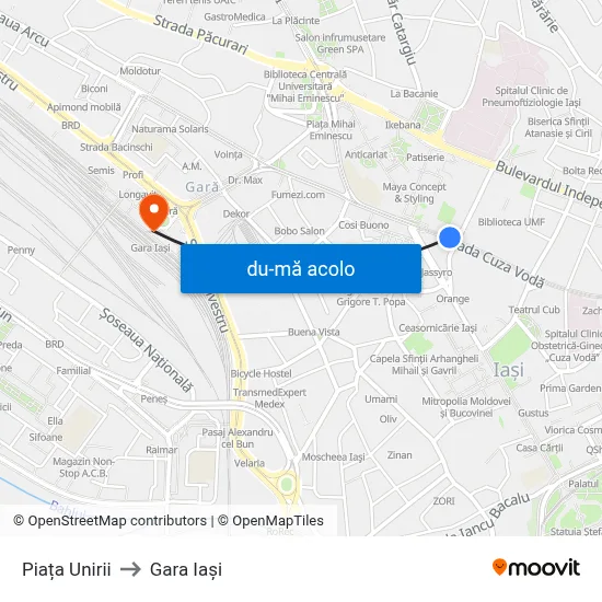 Harta de Piața Unirii către Gara Iași