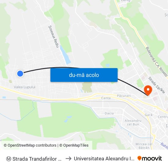 Harta de Ⓜ Strada Trandafirilor 2 (Valea Lupului) către Universitatea Alexandru Ioan Cuza Din Iași