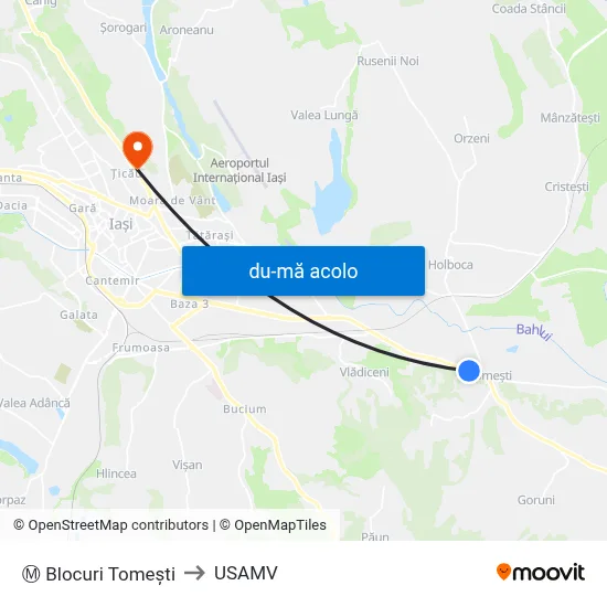 Harta de Ⓜ Blocuri Tomești către USAMV