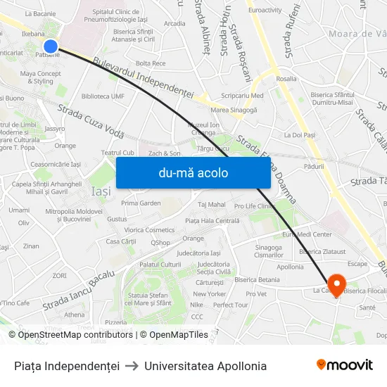 Harta de Piața Independenței către Universitatea Apollonia