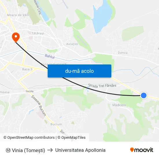 Harta de Ⓜ Vinia (Tomeşti) către Universitatea Apollonia