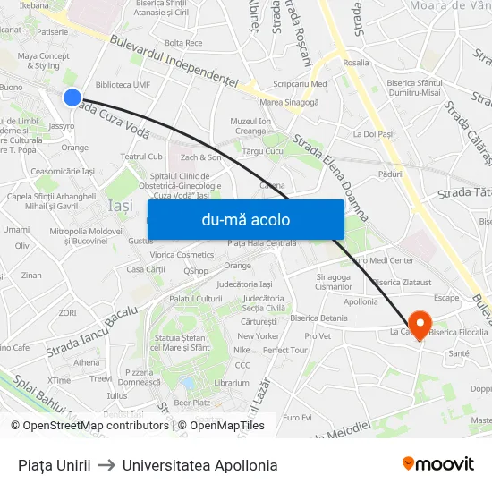 Harta de Piața Unirii către Universitatea Apollonia