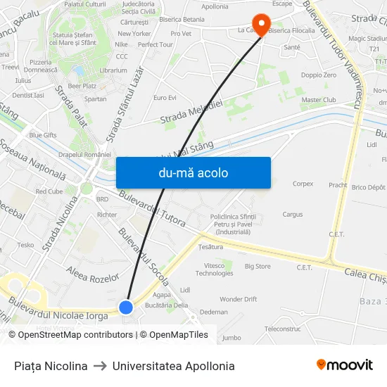 Harta de Piața Nicolina către Universitatea Apollonia
