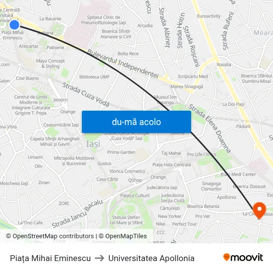 Harta de Piața Mihai Eminescu către Universitatea Apollonia