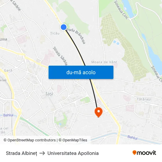 Harta de Strada Albineț către Universitatea Apollonia