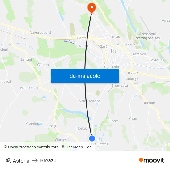 Harta de Ⓜ Astoria către Breazu