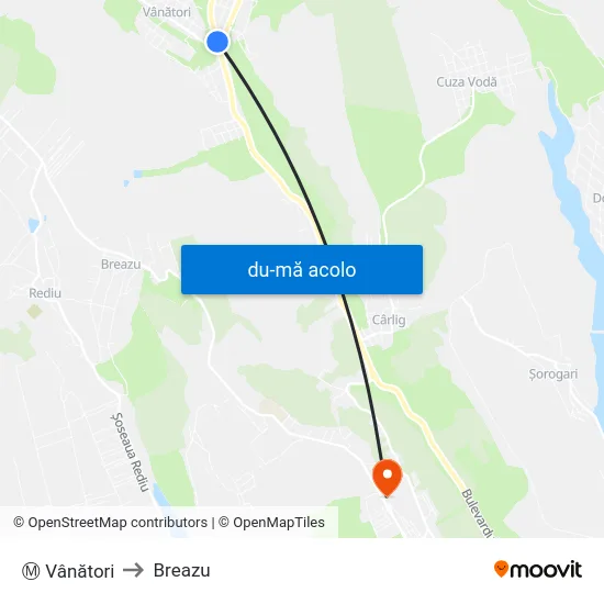 Harta de Ⓜ Vânători către Breazu